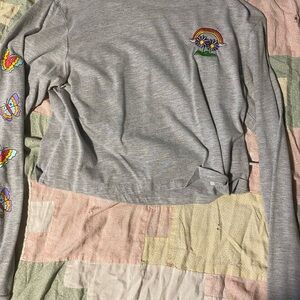Girls' Gray Long Sleeve Tee with Rainbow & Butterfly Embroidered Details